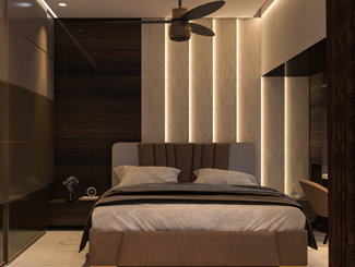 Modern bedroom interiors with wardrobe, bed, headboard, side tables and false ceiling. Blue colour interior design ideal for bachelors