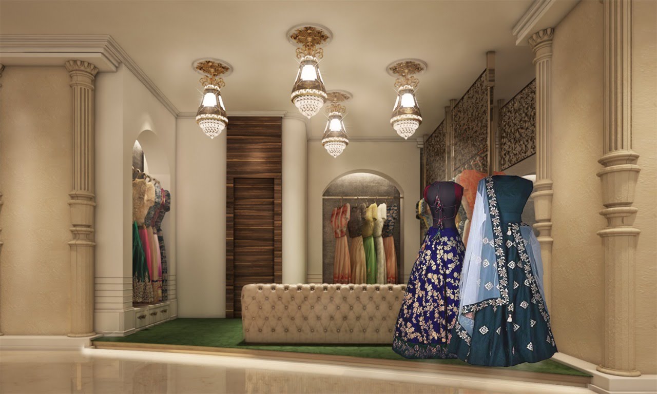 Saree shop and showroom interior design with designer 
                            ceiling and exclusive retail display