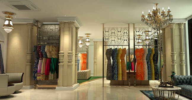 Modern boutique interiors with designer floor inlay and fancy display