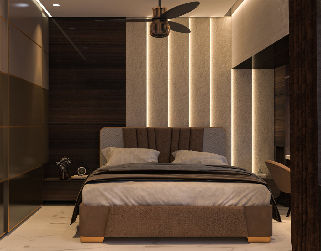 Modern bedroom interiors with wardrobe, bed, headboard, side tables and false ceiling. Blue colour interior design ideal for bachelors