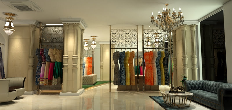 Modern boutique interiors with designer floor inlay and fancy display